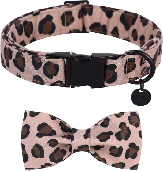 Cotton Dog Collar with Bowtei, Leopard Bowtie Dog Collars, Adjustable Heavy Duty Girl Dog Collar with Bow for Small Puppy Dogs