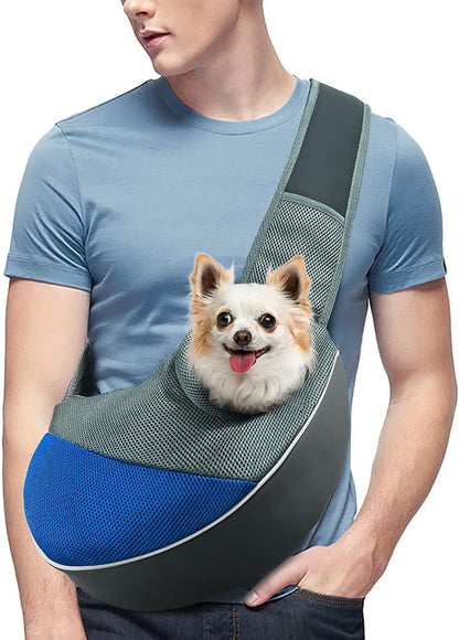Adjustable Dog and Cat Sling Carrier with Padded Shoulder Strap and Mesh Pocket for Outdoor Travel (Medium - up to 10 lbs, Blue-Mesh)