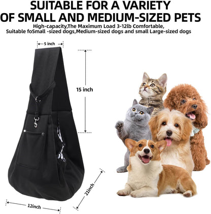 Reversible Dog Carrier Sling - Hands-Free Pet Purse with Storage Pocket for Small Dogs and Cats, Travel Safety Harness (Black)