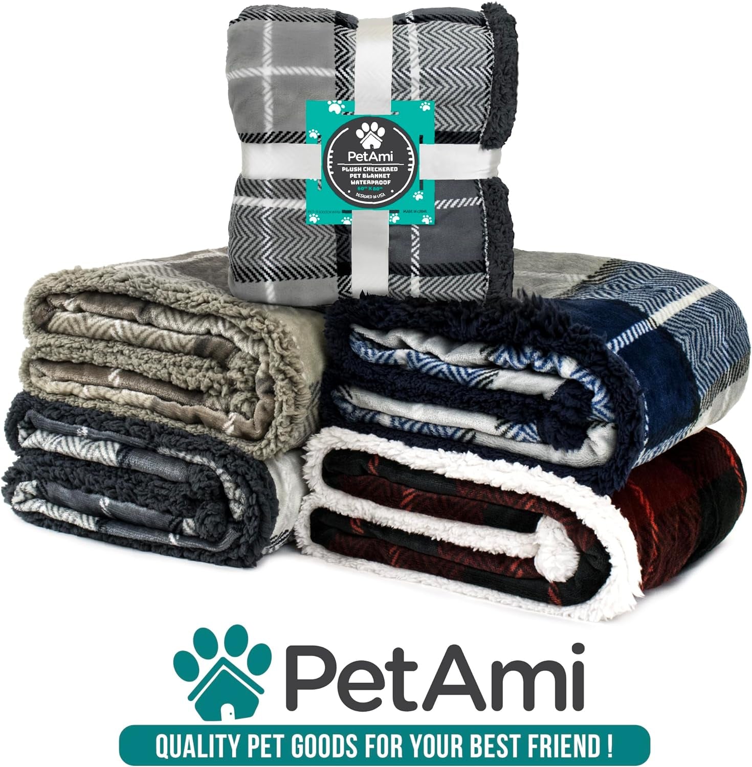 Waterproof Dog Blanket for Couch, Pee Proof Sherpa Fleece Reversible Pet Throw, Furniture Protector for Bed Sofa Kennel, Soft Washable Cover for Small Medium Dog Puppy Cat, 29X40 Plaid Blue