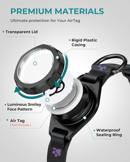 Airtag-Compatible Dog Collar with IP67 Waterproof and Reflective Features, Adjustable for Medium and Large Dogs, Includes Twist-Lock Holder and Night Glow (M, 11.8"-15.9", Black)