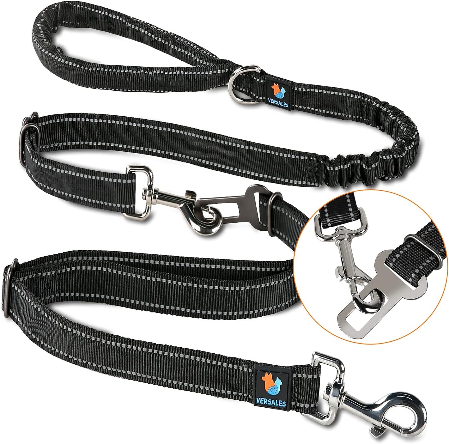 Heavy-Duty 6 FT Reflective Bungee Dog Leash for Large, Medium, and Small Dogs with Nylon Seatbelt Set (Black)