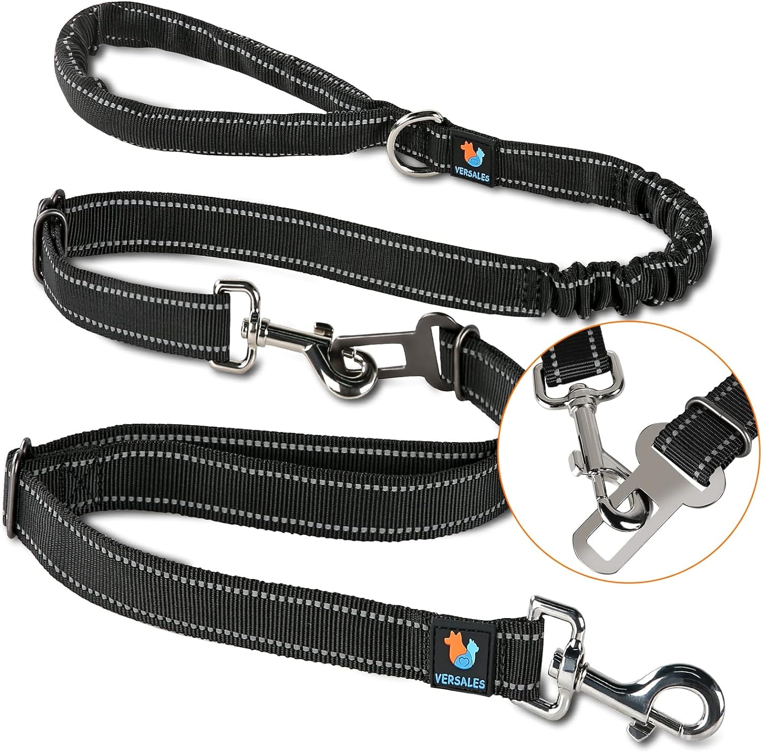 Heavy-Duty 6 FT Reflective Bungee Dog Leash for Large, Medium, and Small Dogs with Nylon Seatbelt Set (Black)