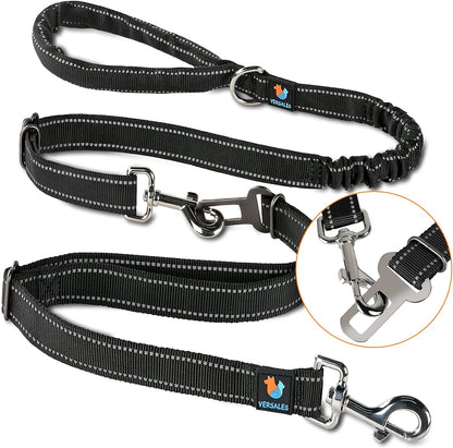 Heavy-Duty 6 FT Reflective Bungee Dog Leash for Large, Medium, and Small Dogs with Nylon Seatbelt Set (Black)