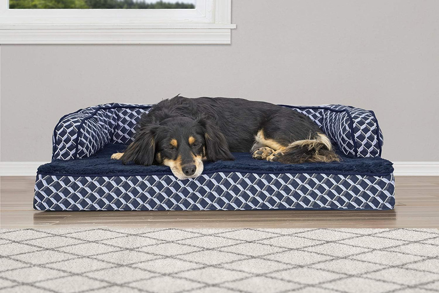 Orthopedic Dog Bed with Removable Bolsters and Washable Cover for Medium and Small Dogs up to 35 lbs - Plush Woven Couch Sofa in Diamond Blue, Medium Size