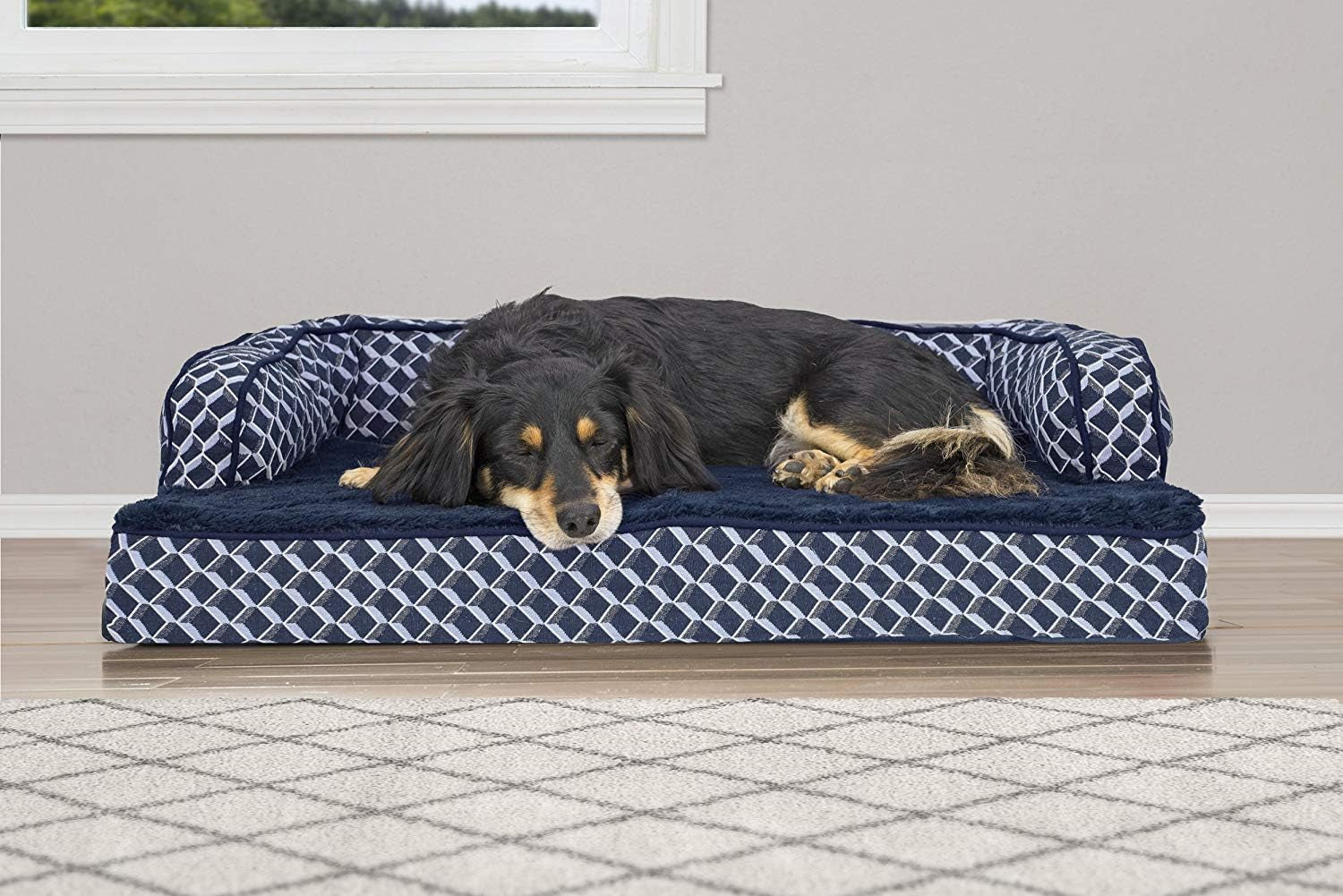 Orthopedic Dog Bed with Removable Bolsters and Washable Cover for Medium and Small Dogs up to 35 lbs - Plush Woven Couch Sofa in Diamond Blue, Medium Size