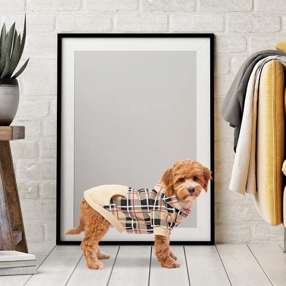 British Style Plaid Dog Hoodie - Warm Sweater with Leash Hole for All Breeds, Winter Coat Apparel for Puppies and Cats, Beige Medium