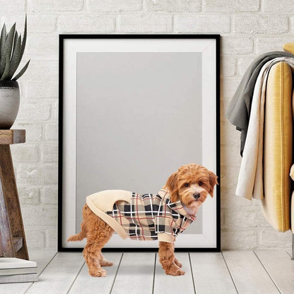 British Style Plaid Dog Hoodie - Warm Sweater with Leash Hole for All Breeds, Winter Coat Apparel for Puppies and Cats, Beige Medium