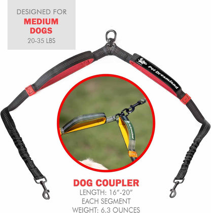 Premium Dual Dog Leash Coupler with No-Tangle Swivel for Walking Two Medium Dogs - Black & Red