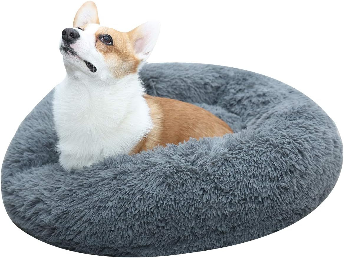 Premium Faux Fur Round Dog and Cat Bed, Calming Anti-Anxiety Cushion, Cozy and Warm, Medium Size, Grey