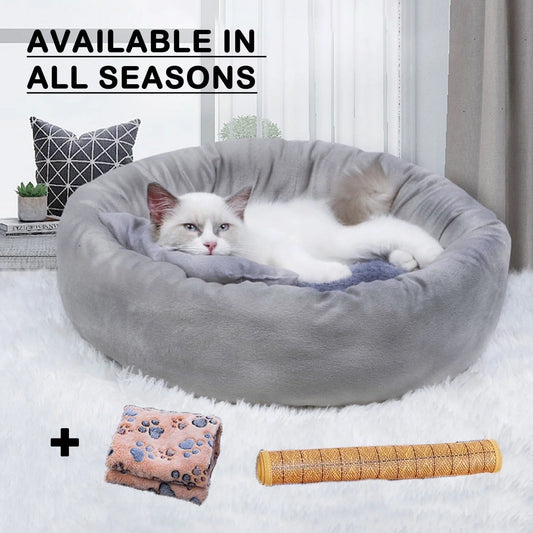 Calming Round Pet Bed with Pillow for Small Dogs and Indoor Cats