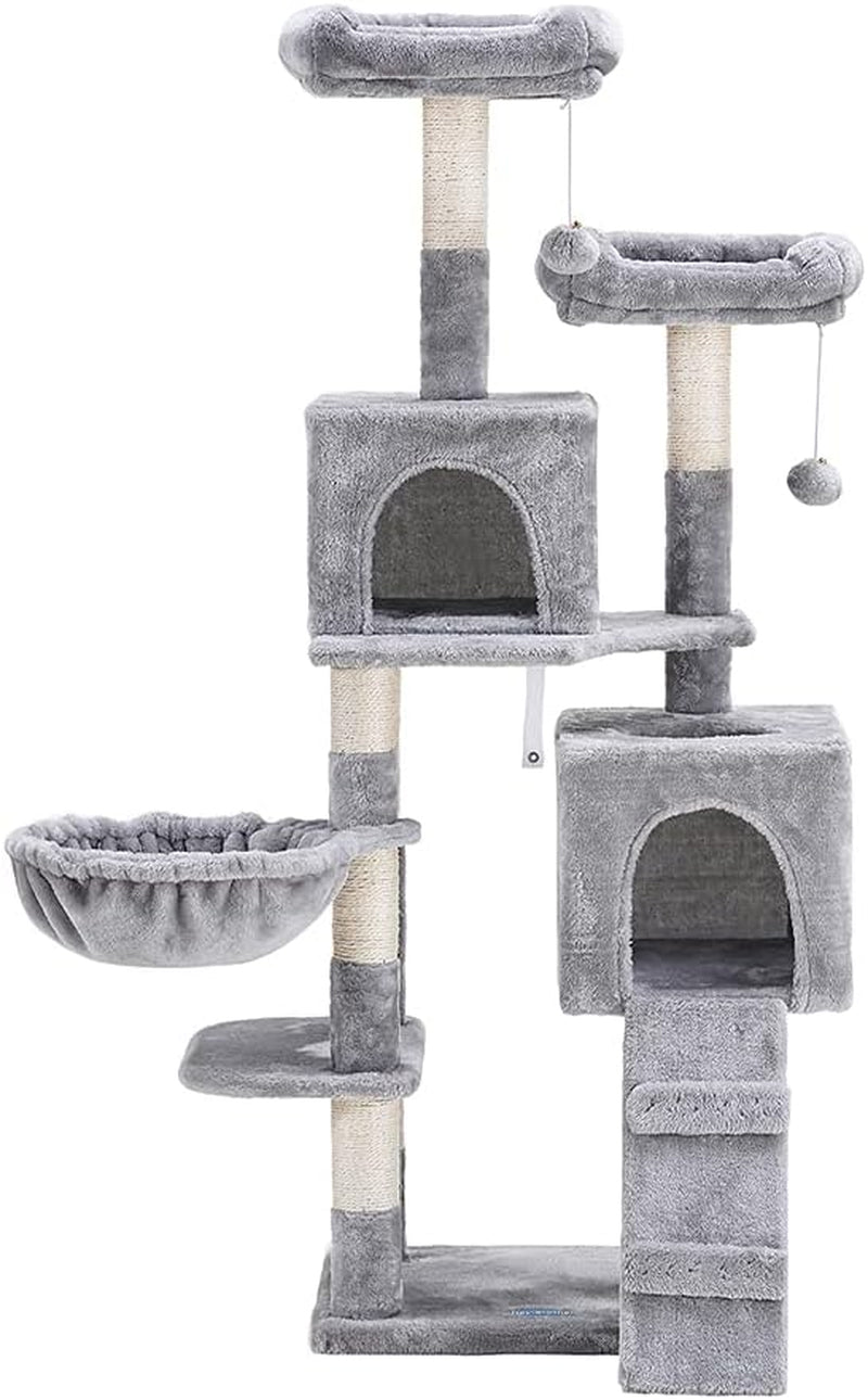 58-Inch Multi-Level Cat Tree with Sisal Scratching Posts, Two Plush Condos, and Hammock for Cats and Kittens - Light Gray MPJ013W