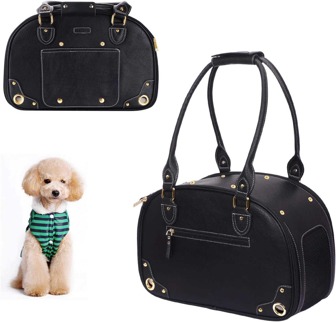 Premium PU Leather Dog Carrier Purse - Foldable Waterproof Pet Travel Bag for Cats and Small Dogs, Ideal for Home and Outdoor Use, Black