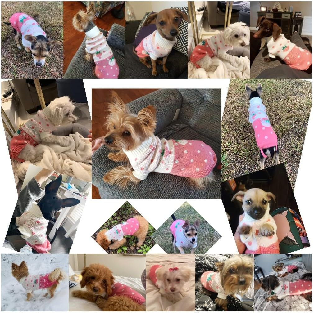 Classic Knit Turtleneck Dog Sweater for Winter - Pink Medium with Strawberry and Heart Design