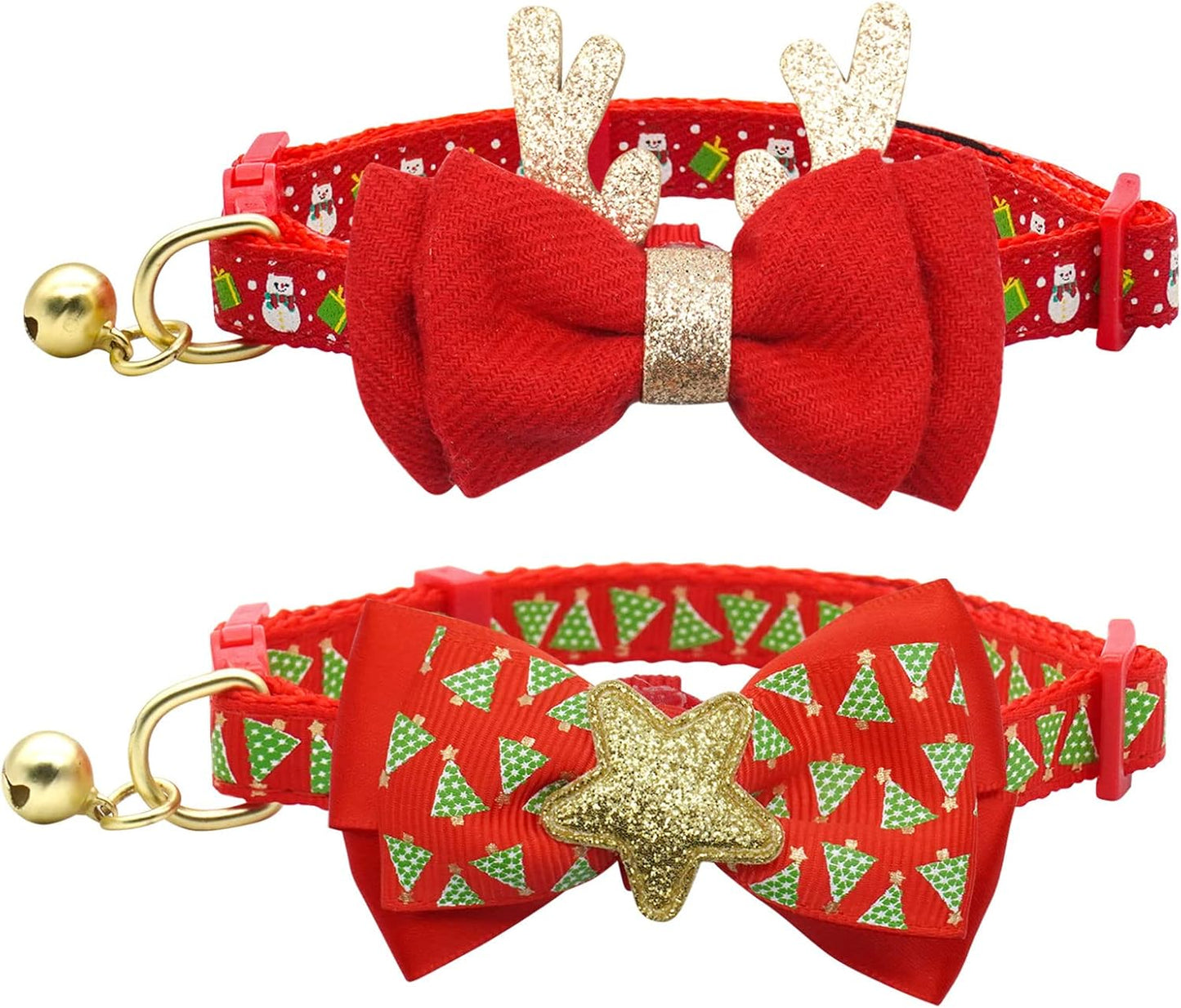 Christmas Cat Collar Set with Bells and Bowtie - Adjustable Breakaway Design Featuring Christmas Tree and Santa Claus Patterns (Fits 8"-12")
