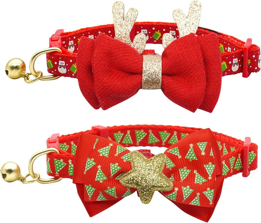Christmas Cat Collar Set with Bells and Bowtie - Adjustable Breakaway Design Featuring Christmas Tree and Santa Claus Patterns (Fits 8"-12")