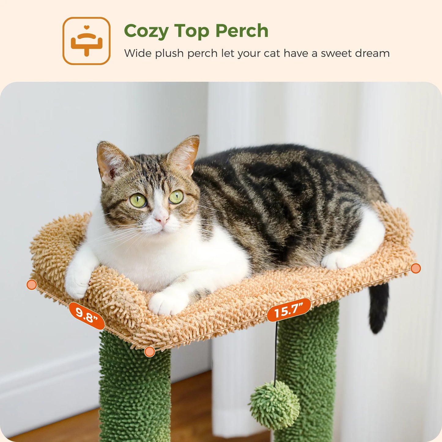 33" Cactus-Inspired Cat Tree with Scratching Posts, Spacious Top Perch, and Hammock for Medium Indoor Cats - Green