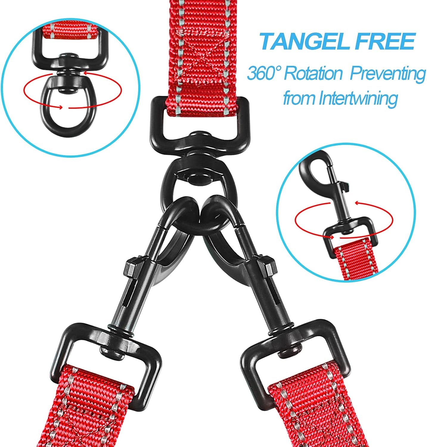 Dual Dog Leash with No-Tangle Design, Reflective Training Lead, Four Padded Handles, Includes Collapsible Bowl and Waste Bags (Red, Large)