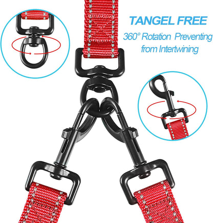 Dual Dog Leash with No-Tangle Design, Reflective Training Lead, Four Padded Handles, Includes Collapsible Bowl and Waste Bags (Red, Large)