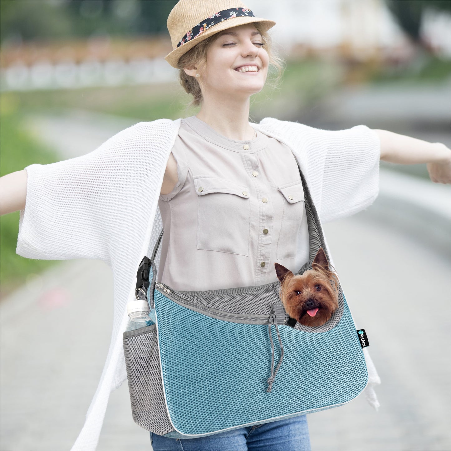 Adjustable Soft-Sided Dog Sling Carrier - Breathable Crossbody Pet Pouch with Poop Bag Dispenser for Small to Medium Dogs and Cats - Stylish Blue Travel Bag