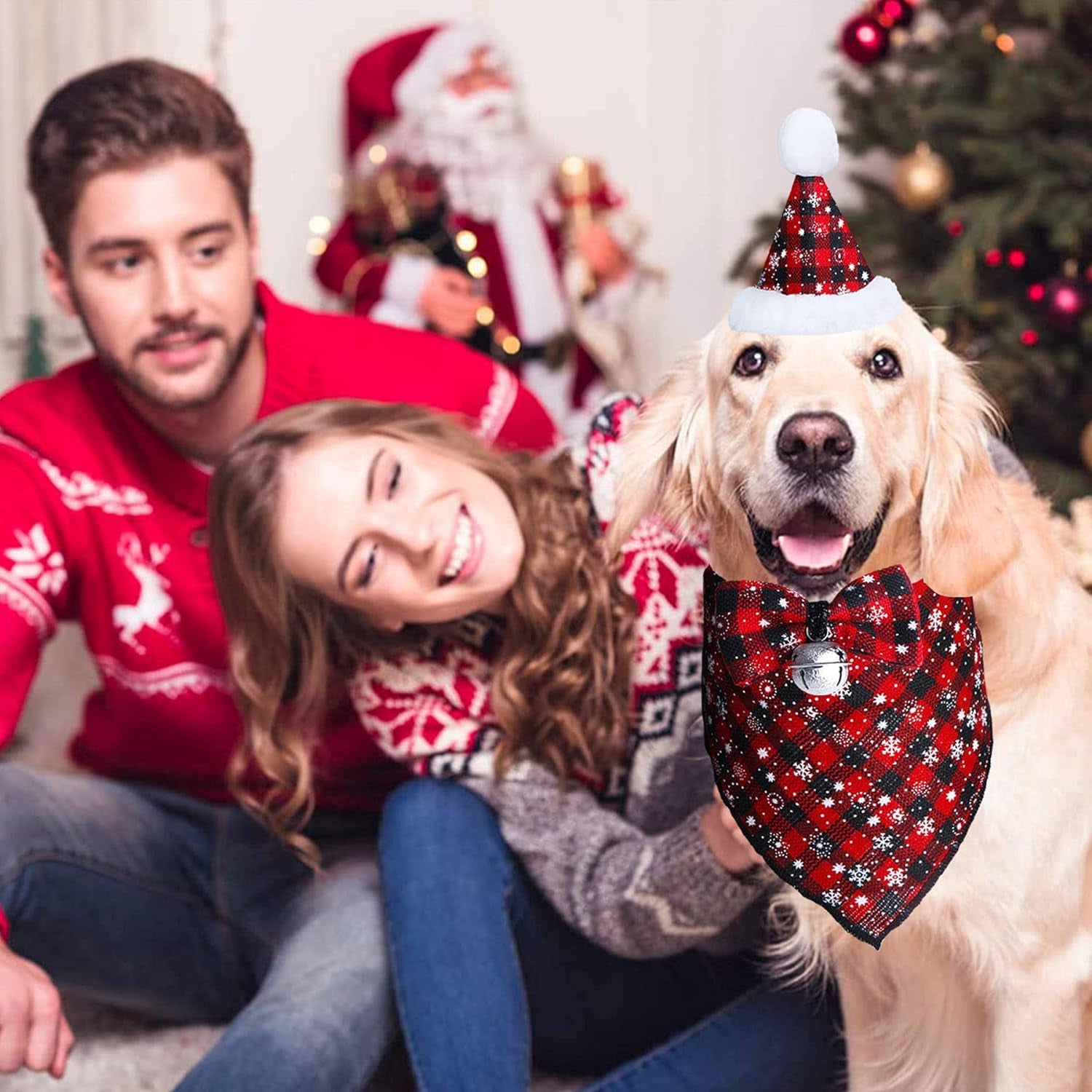 Christmas Snowflake Dog Bandana Costume Set with Plaid Scarf, Bow Tie, and Bell Decoration for Pets