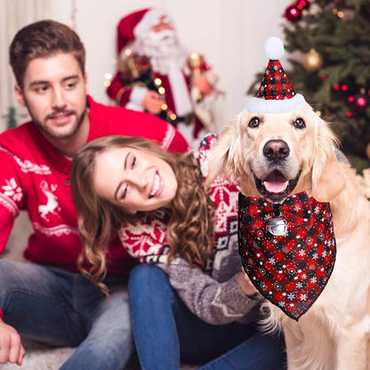 Christmas Snowflake Dog Bandana Costume Set with Plaid Scarf, Bow Tie, and Bell Decoration for Pets