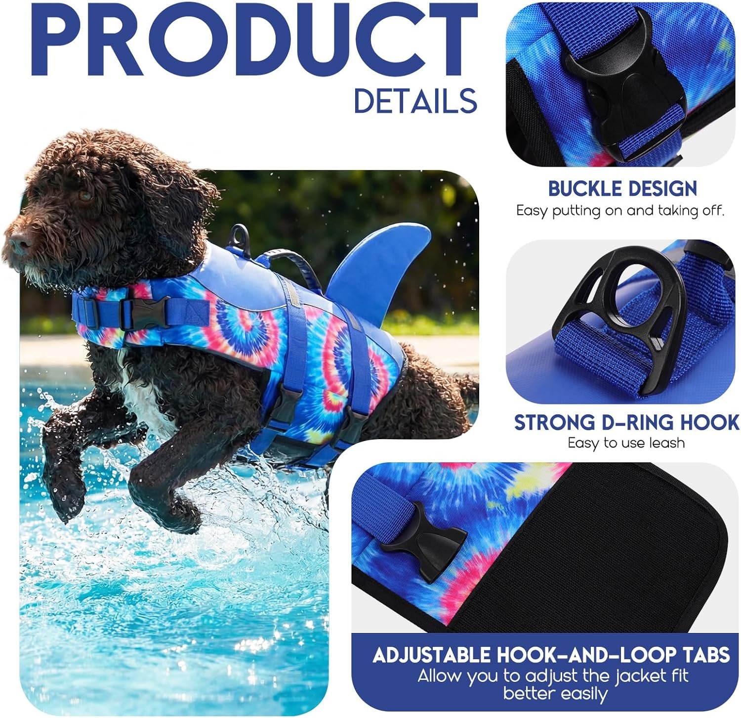 Dog Life Jacket - Pet Safety Vest for Swimming & Boating, Shark Life Jacket with Floatation, Dog Lifesavers Swimsuits for Small Medium Large Dogs (Blue Bandhnu, XL)