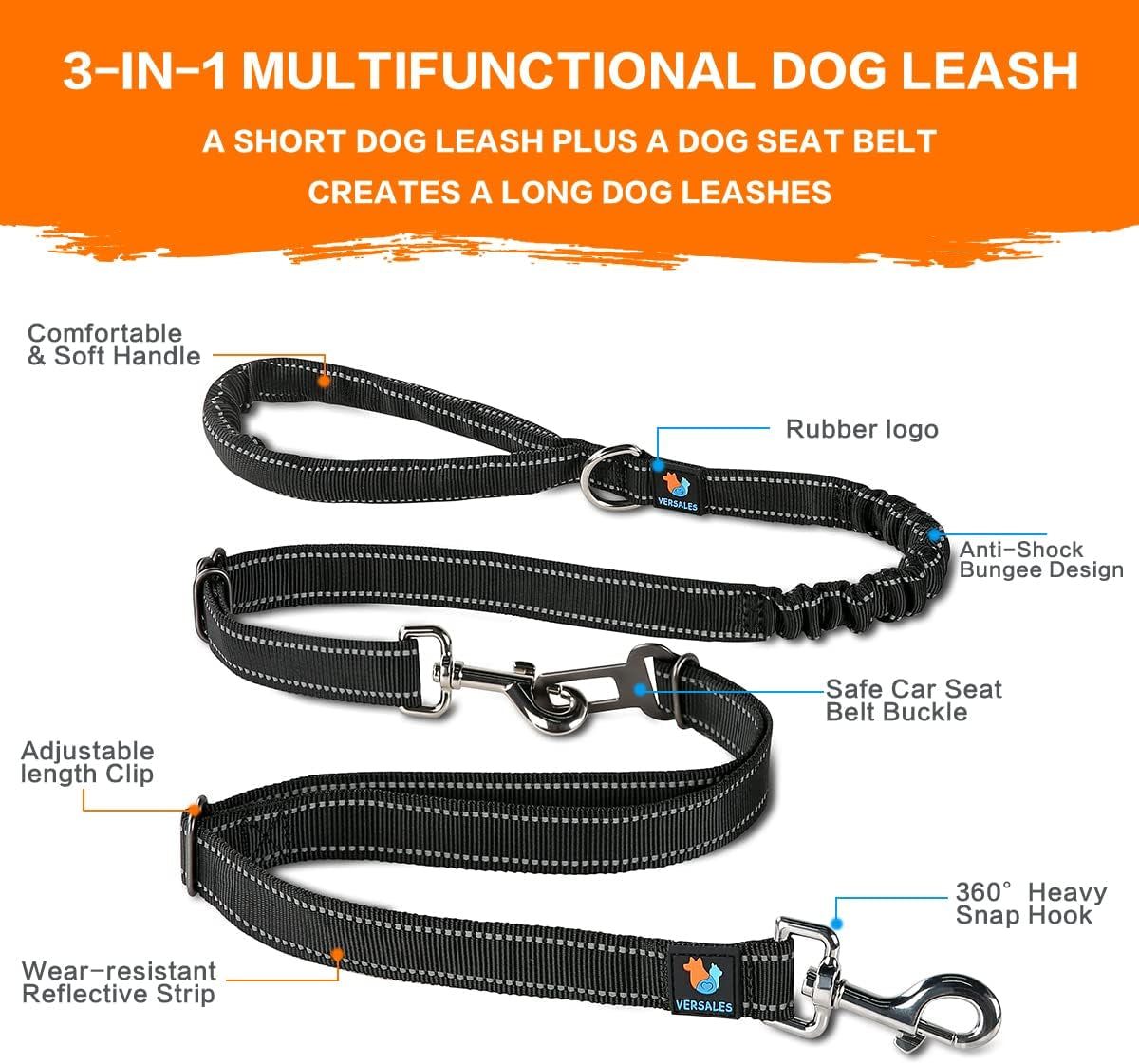 Heavy-Duty 6 FT Reflective Bungee Dog Leash for Large, Medium, and Small Dogs with Nylon Seatbelt Set (Black)