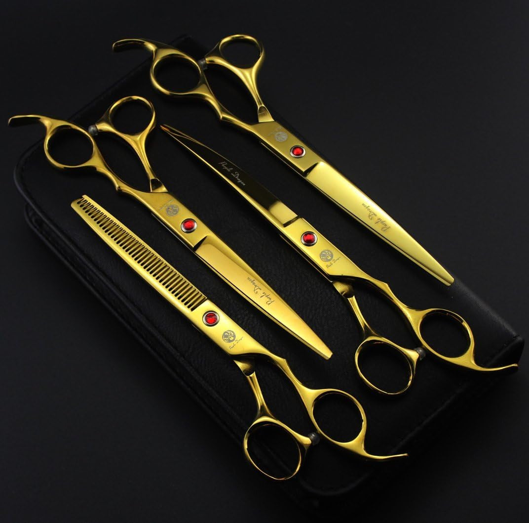 Professional 7-Inch Pet Grooming Scissors Set - 4-Piece Kit with Straight, Curved, and Thinning Blades Made from Premium Japanese Steel, Includes Case