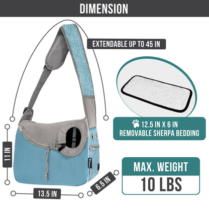 Adjustable Soft-Sided Dog Sling Carrier - Breathable Crossbody Pet Pouch with Poop Bag Dispenser for Small to Medium Dogs and Cats - Stylish Blue Travel Bag
