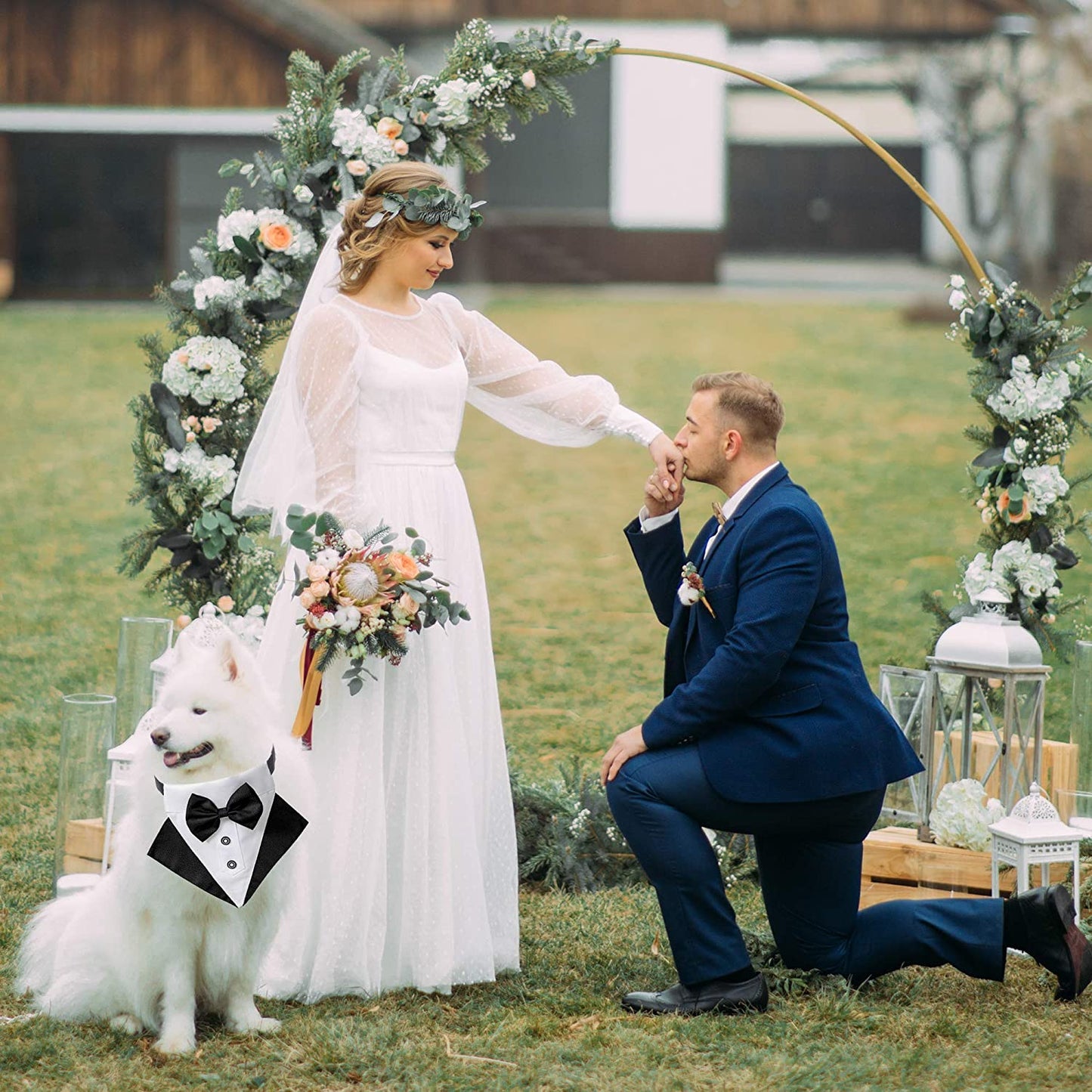 Formal Dog Tuxedo Wedding Bandana Collar with Adjustable Bow Tie for Large Dogs