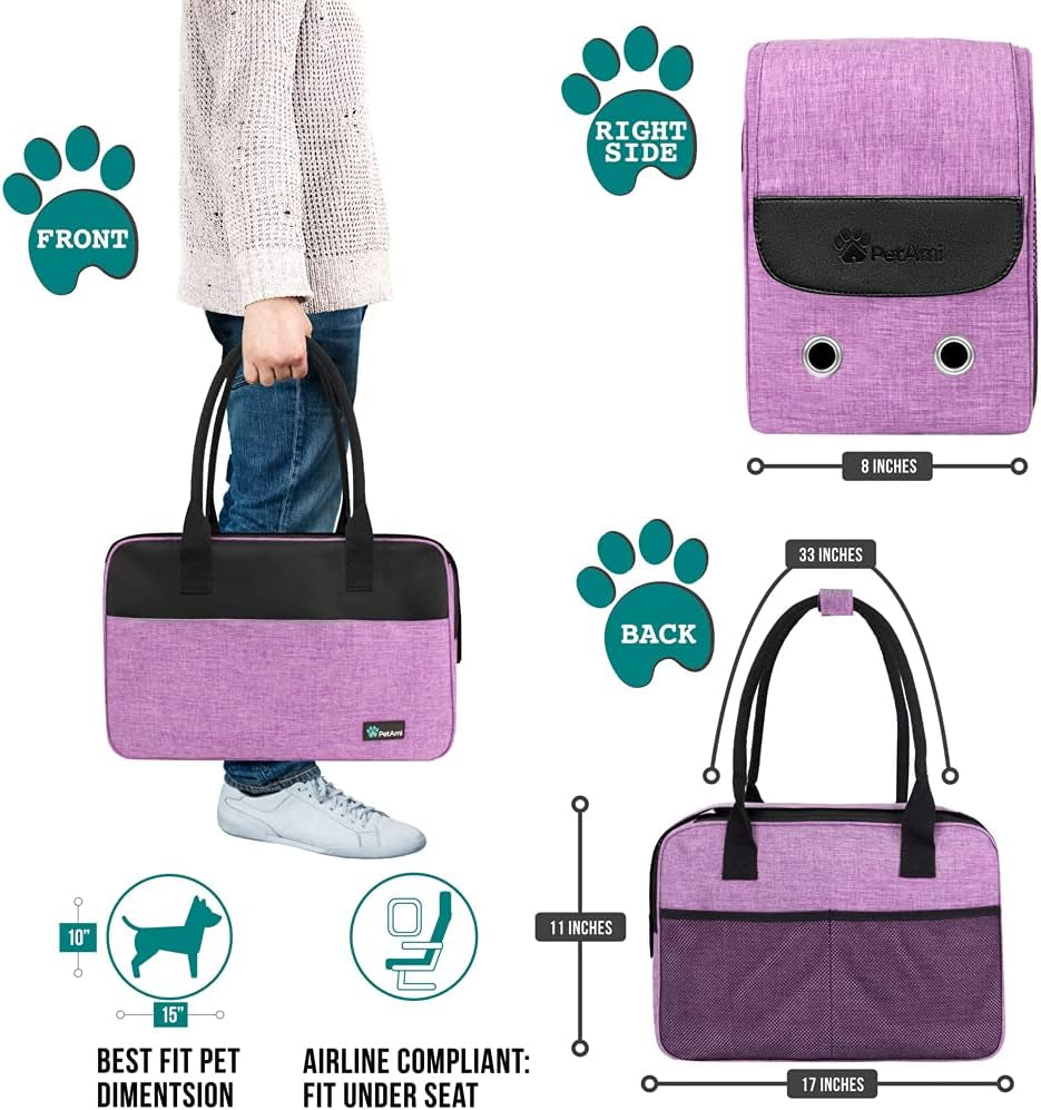 Premium Airline-Approved Soft-Sided Dog Purse Carrier for Small Pets up to 12 lbs - Ventilated Design with Pockets and Sherpa Bed, Purple