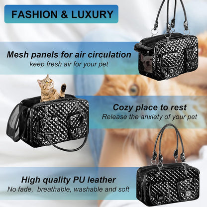 Premium PU Leather Pet Carrier for Small Dogs and Cats, Collapsible Portable Handbag for Travel and Outdoor Activities - Black