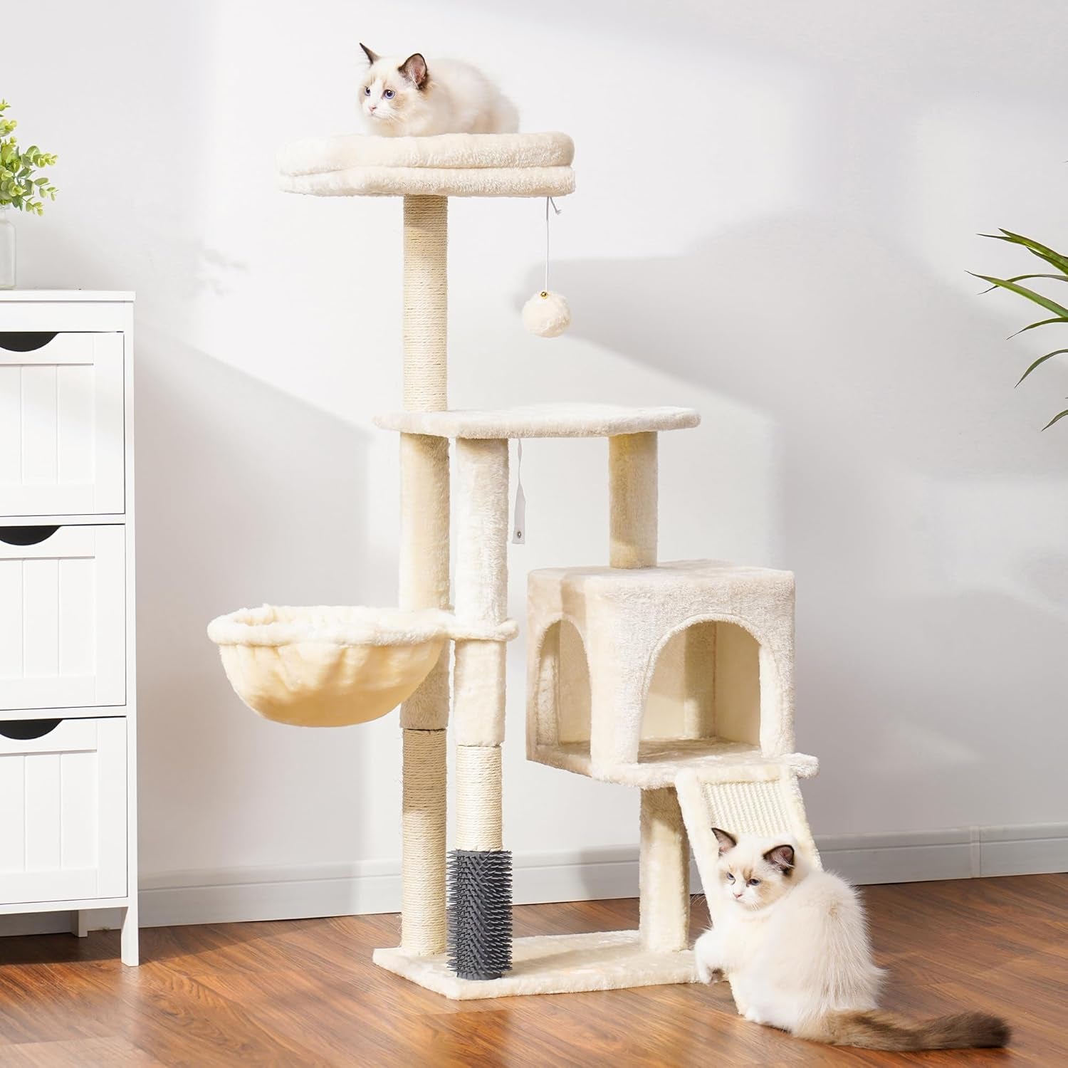 Cat Tree with Self-Grooming Brush, Plush Perch Tower Condo for Indoor Cats, Includes Scratching Post and Basket, Beige HCT005SM