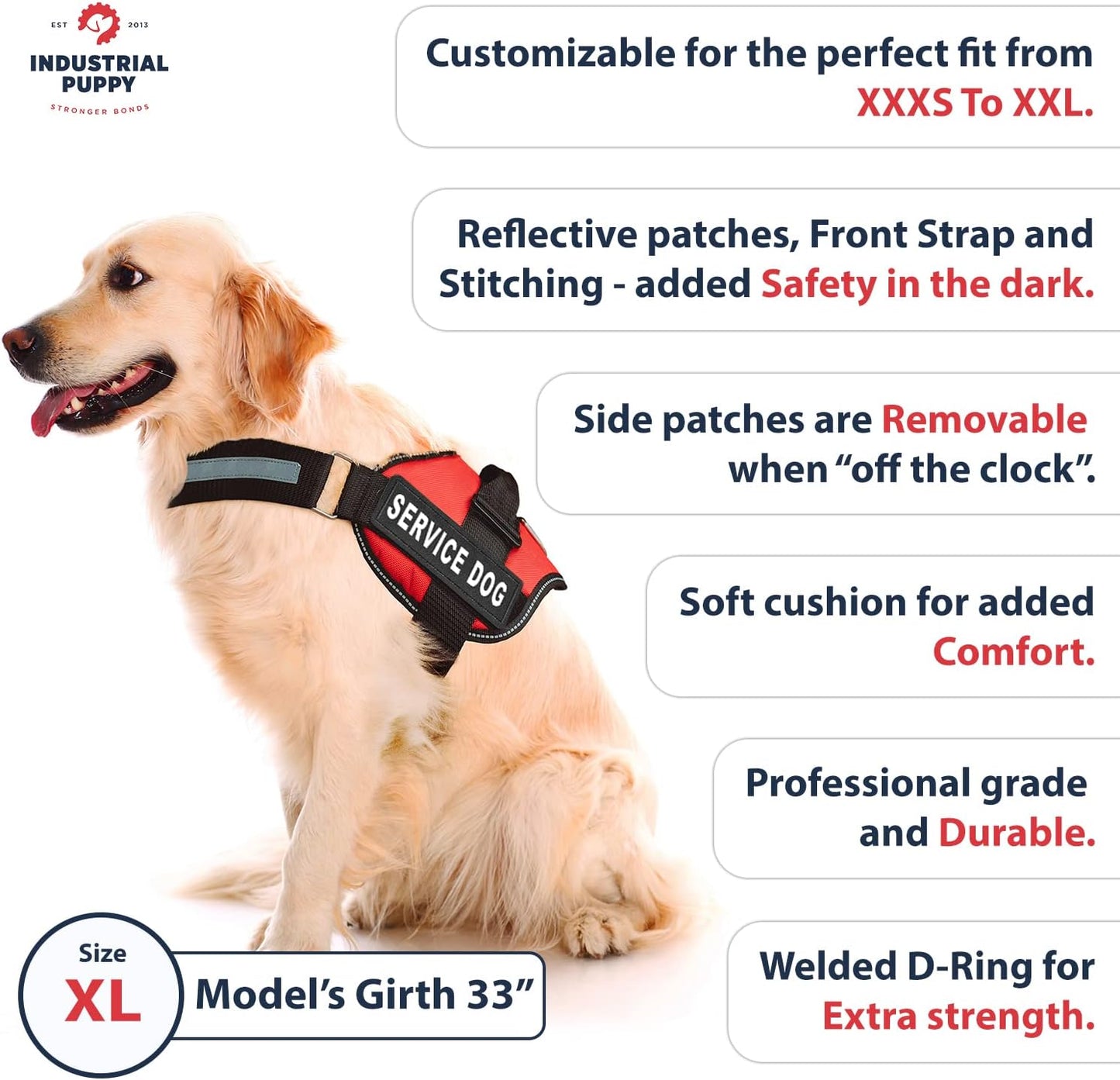 Service Dog Harness with Adjustable Hook and Loop Straps and Handle - Available in 8 Sizes from XXXS to XXL - Features Reflective Patch and Comfortable Mesh Design in Bright Red
