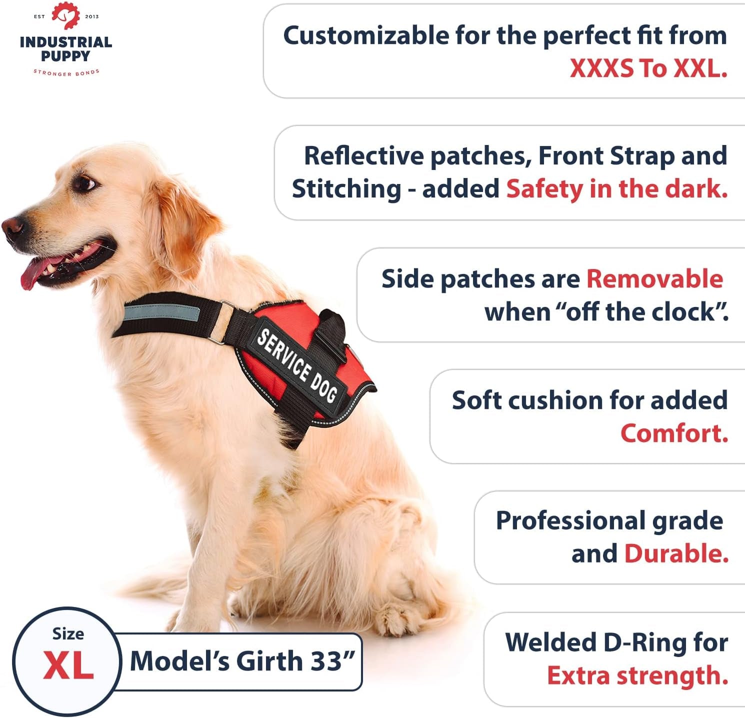 Service Dog Harness with Adjustable Hook and Loop Straps and Handle - Available in 8 Sizes from XXXS to XXL - Features Reflective Patch and Comfortable Mesh Design in Bright Red