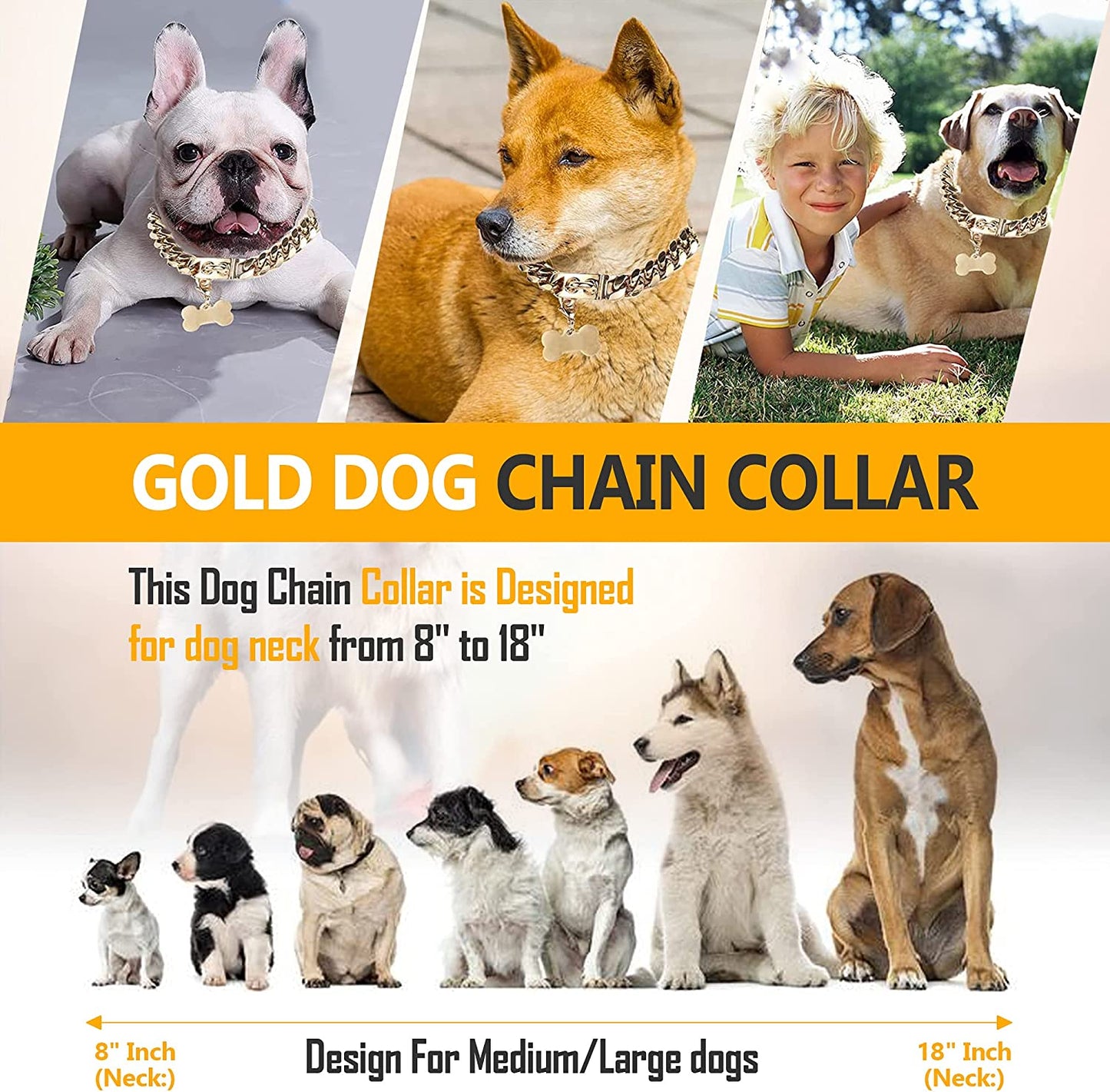 Gold Stainless Steel Cuban Link Dog Collar - 19mm Heavy Duty Chew-Proof Necklace with Buckle for Medium to Large Dogs (16 Inch)