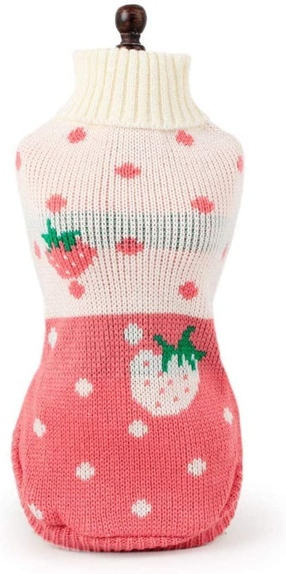 Classic Knit Turtleneck Dog Sweater for Winter - Pink Medium with Strawberry and Heart Design