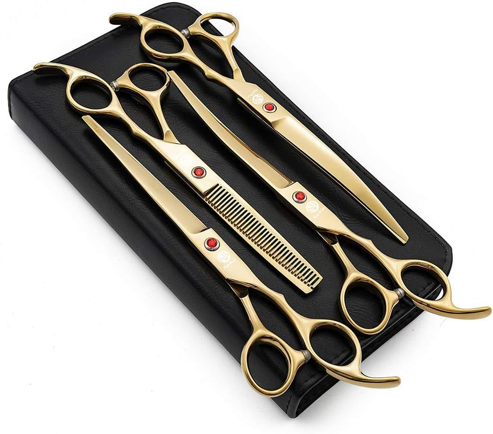Professional 7-Inch Pet Grooming Scissors Set - 4-Piece Kit with Straight, Curved, and Thinning Blades Made from Premium Japanese Steel, Includes Case