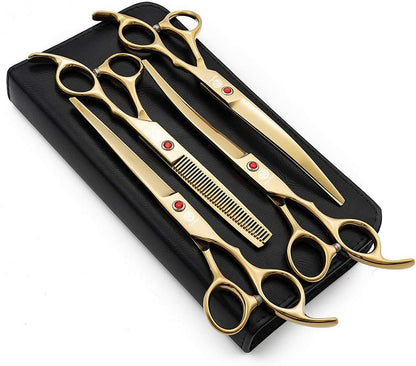 Professional 7-Inch Pet Grooming Scissors Set - 4-Piece Kit with Straight, Curved, and Thinning Blades Made from Premium Japanese Steel, Includes Case