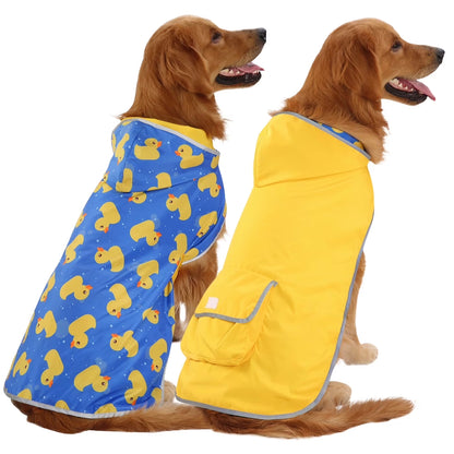 Reversible Waterproof Dog Raincoat with Hood - Yellow Duck/Floral Design, Available in Sizes XS to XXL