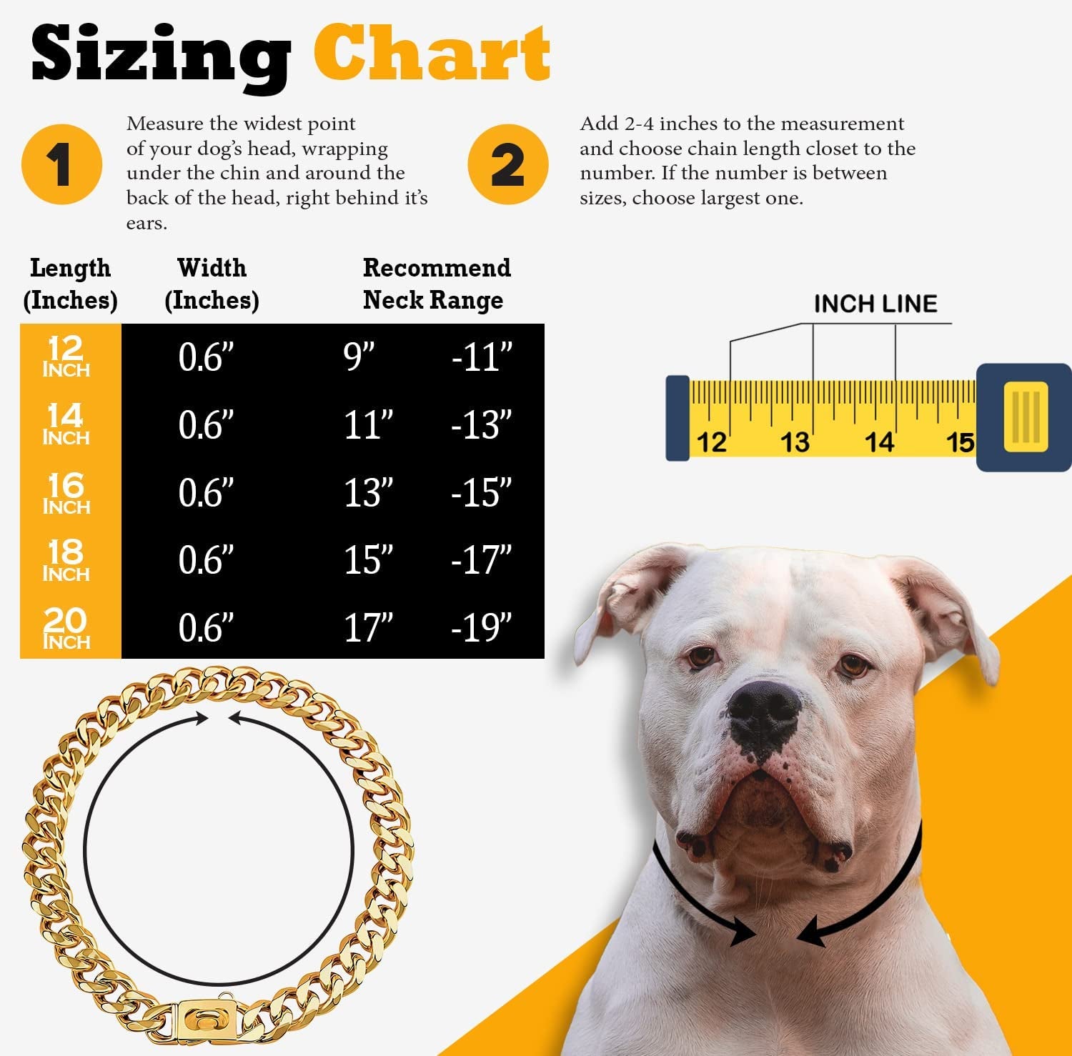 Gold Stainless Steel Cuban Link Dog Collar - 19mm Heavy Duty Chew-Proof Necklace with Buckle for Medium to Large Dogs (16 Inch)
