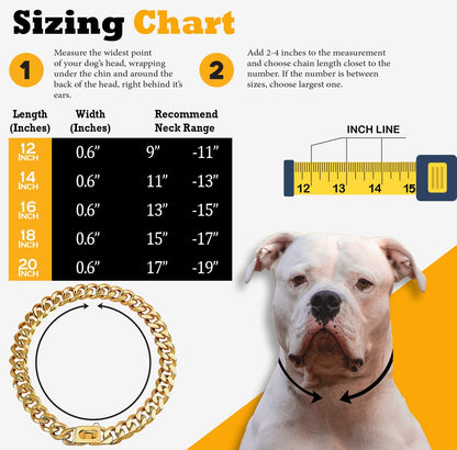 Gold Stainless Steel Cuban Link Dog Collar - 19mm Heavy Duty Chew-Proof Necklace with Buckle for Medium to Large Dogs (16 Inch)