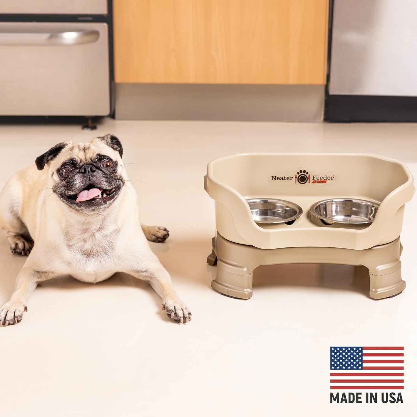 Neater Feeder Deluxe Mess-Proof Elevated Dog Bowls for Small Dogs (Up to 19 Lbs), 2 Height Adjustable (6” & 7.5”) No-Spill Raised Dog Bowl Stand, Stainless Steel Food Bowl Set, Made in USA, Cappuccino