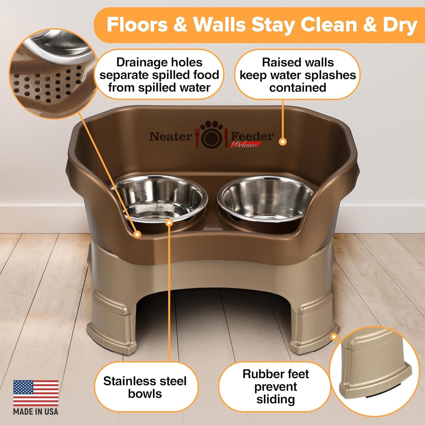 Neater Feeder Deluxe Mess-Proof Elevated Dog Bowls for Medium Dogs (19–40 Lbs), 2 Height Adjustable (10” & 12.5”) No-Spill Raised Dog Bowl Stand, Stainless Steel Food Bowl Set, Made in USA, Bronze