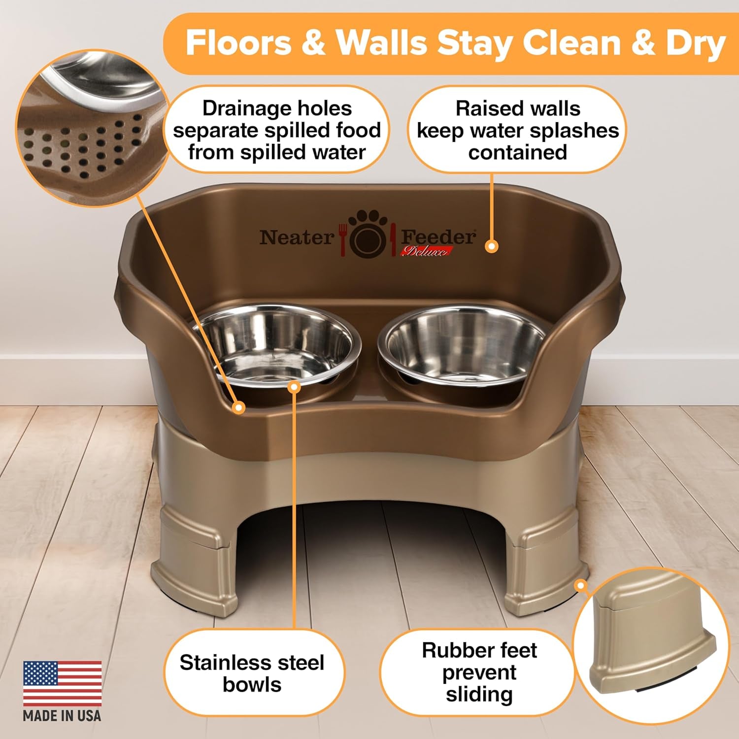 Neater Feeder Deluxe Mess-Proof Elevated Dog Bowls for Medium Dogs (19–40 Lbs), 2 Height Adjustable (10” & 12.5”) No-Spill Raised Dog Bowl Stand, Stainless Steel Food Bowl Set, Made in USA, Bronze