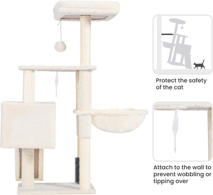 Cat Tree with Self-Grooming Brush, Plush Perch Tower Condo for Indoor Cats, Includes Scratching Post and Basket, Beige HCT005SM