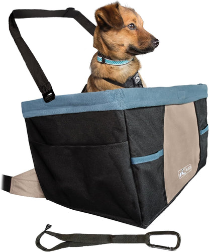 Dog Booster Seat for Secure and Comfortable Travel - Waterproof Exterior, Removable Washable Liner, Harness Strap, Collapsible Design - Rover Style in Black/Blue