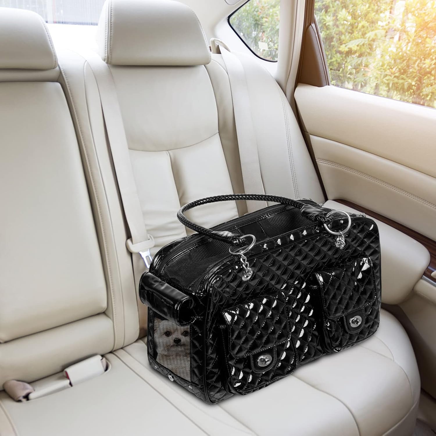 Premium PU Leather Pet Carrier for Small Dogs and Cats, Collapsible Portable Handbag for Travel and Outdoor Activities - Black