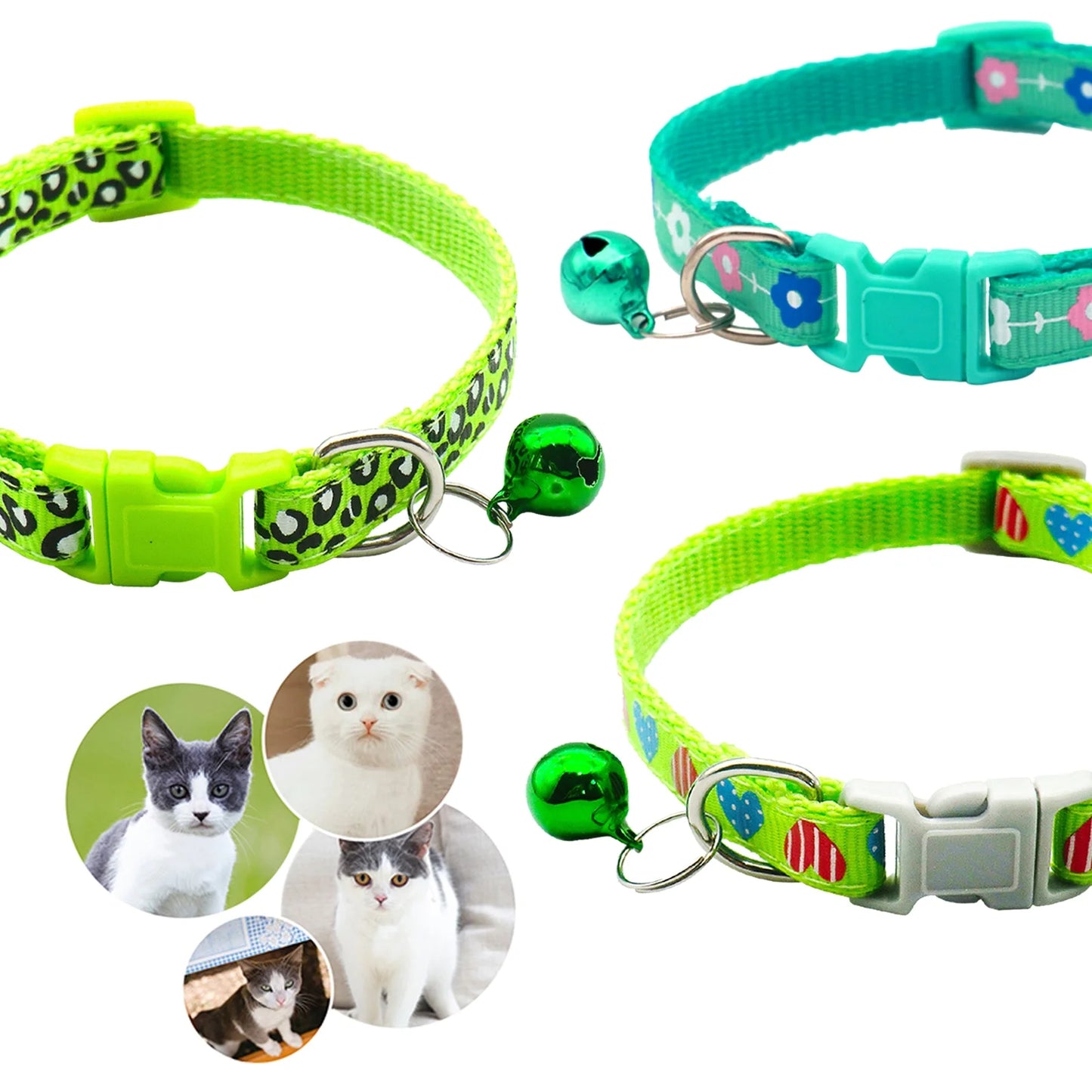 Adjustable 3-Piece Nylon Cat Collar Set with Bell for Kittens and Puppies - Green